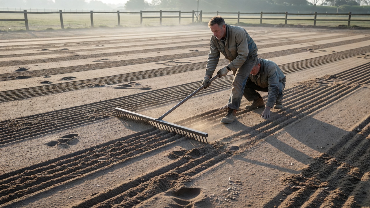Arena manager raking and checking the surface in natural morning light