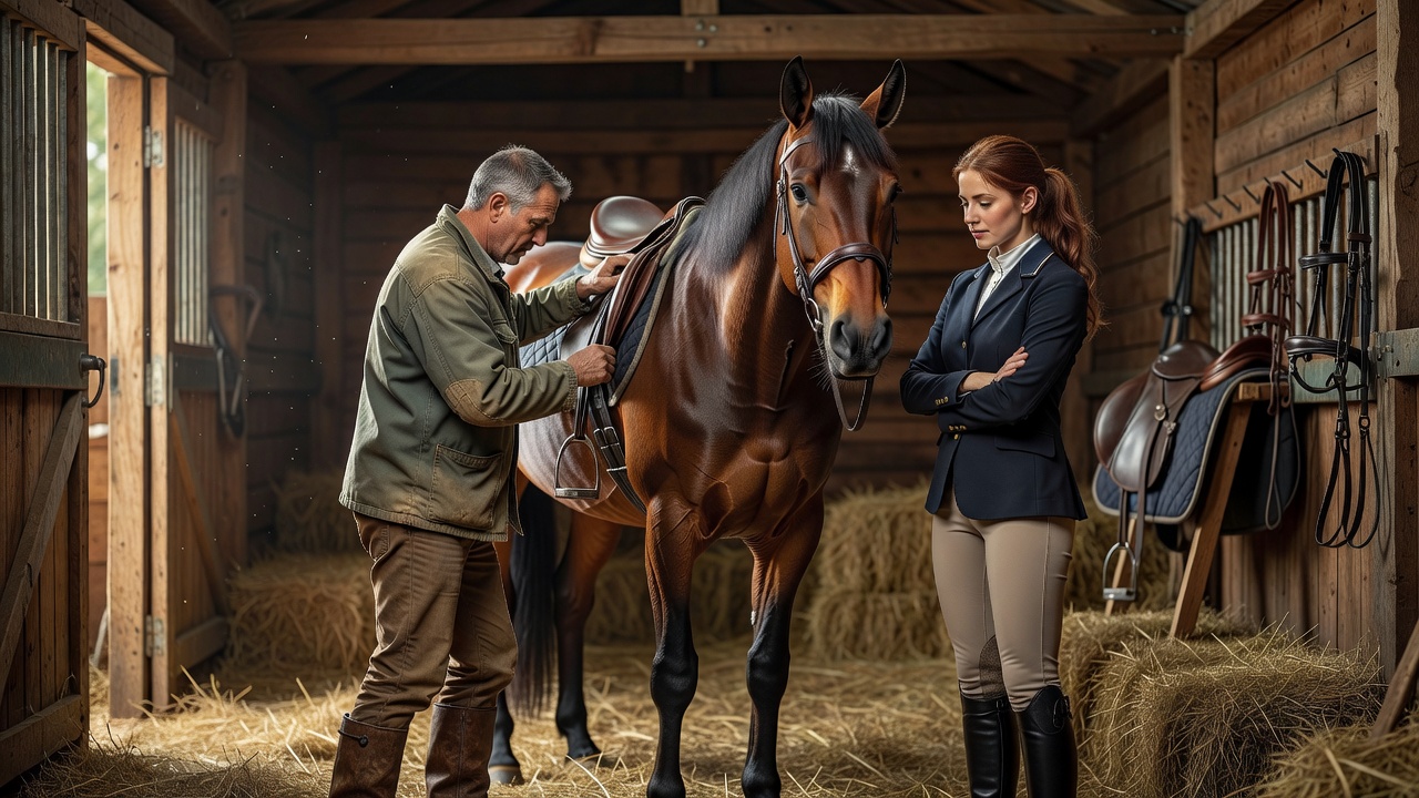 Rider and knowledgeable fitter adjusting tack beside a calm horse in natural stable light