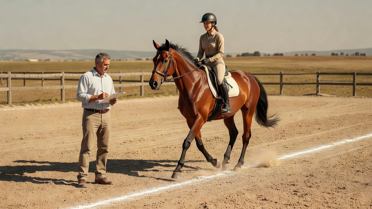 Trainer studying a horse and rider moving on a marked arena line in natural afternoon light