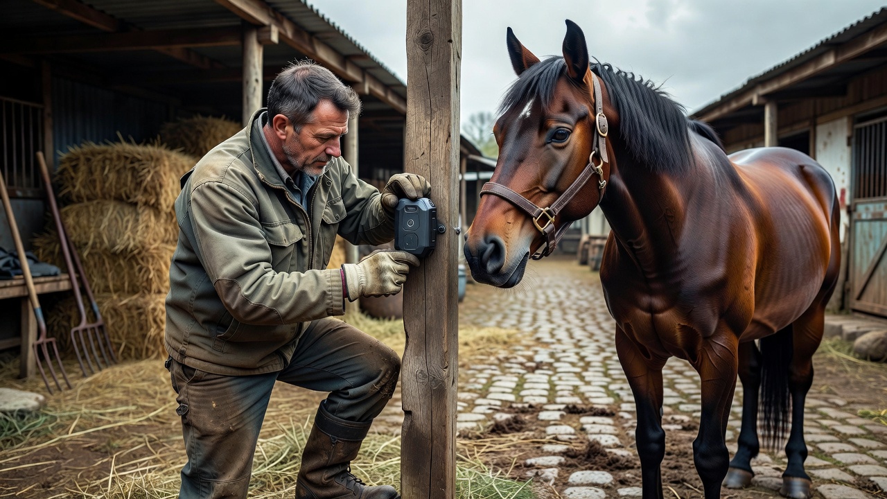 Technician carefully fitting a compact movement sensor to tack beside a horse in a working yard